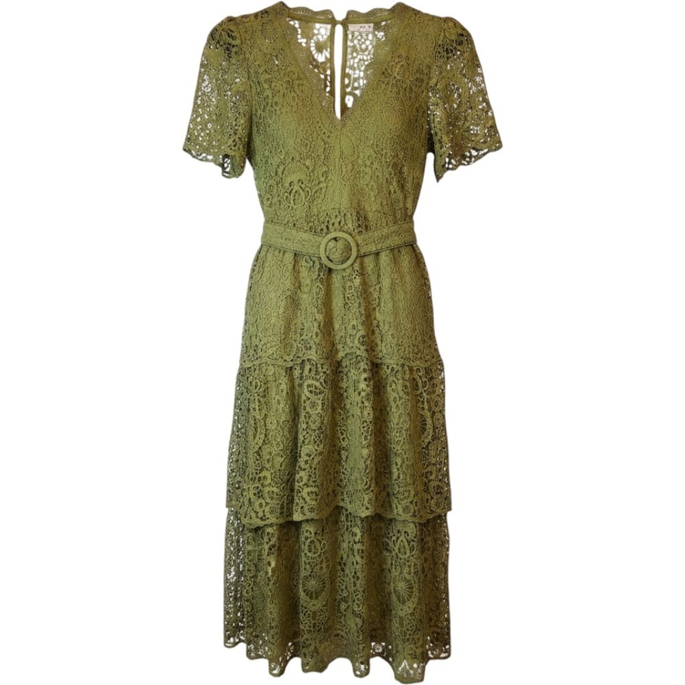 Coast Olive Green Tiered Lace Midi Dress Belted V Neck US 10 NWT Wedding Formal